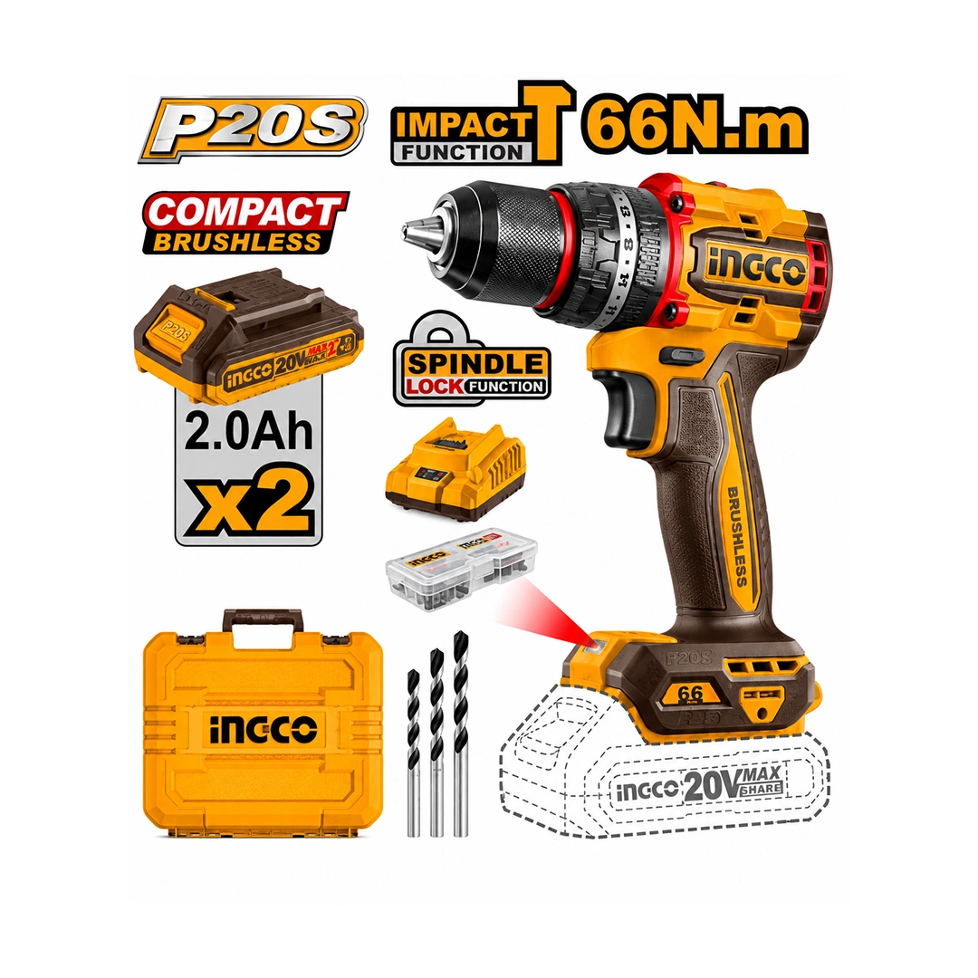 Ingco Compact Brushless Cordless Impact Drill 20v CIDLI20668 Ingco Compact Brushless Cordless Impact Drill 20v CIDLI20668 - Image 1